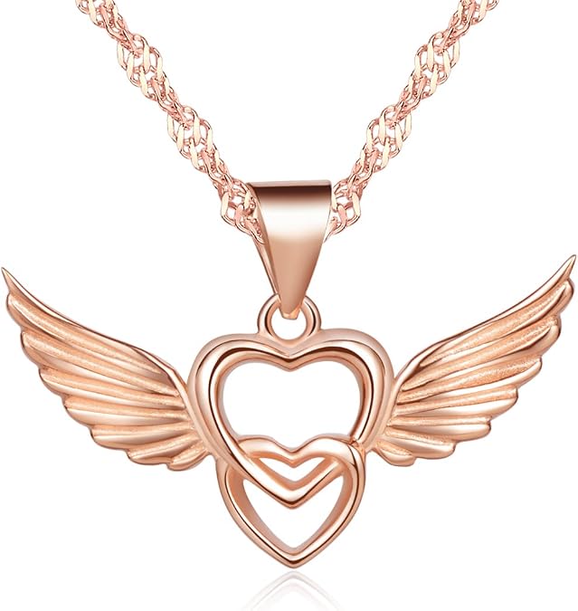 Infinite U 925 Sterling Silver Plated with Rose Gold Double Hearts Angel Wings Pendant Women Necklace