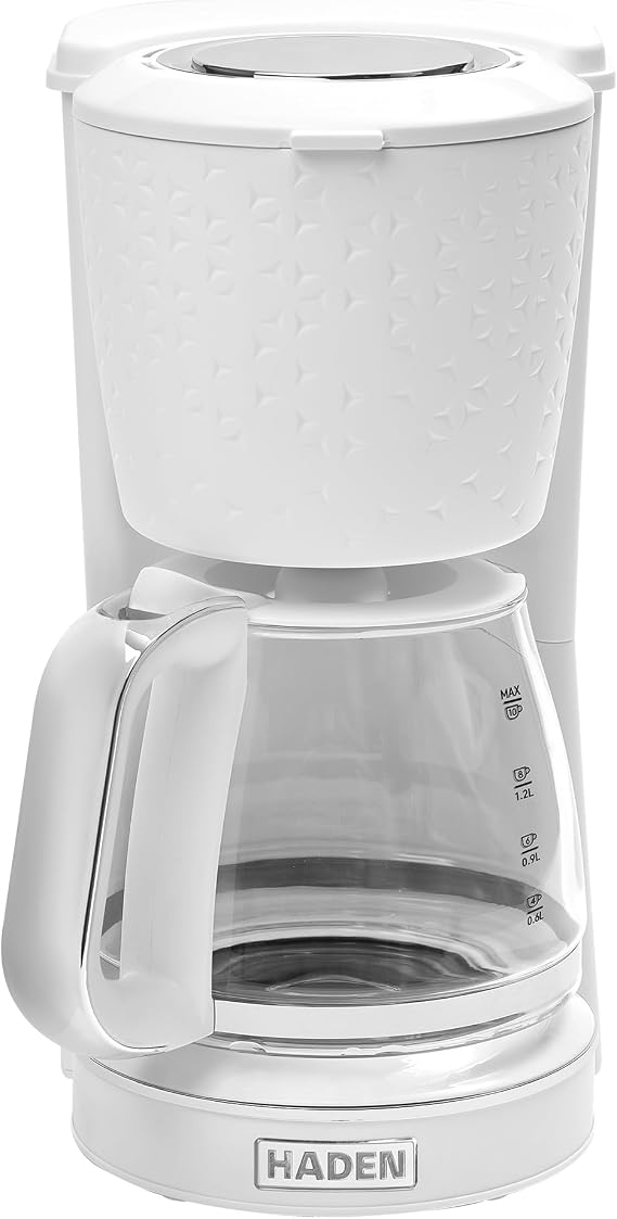 HADEN Starbeck Coffee Machine, 10 Cup Automatic Drip Coffee Maker with Anti-Drip Function and Reusable Washable Water Filter, White & Chrome