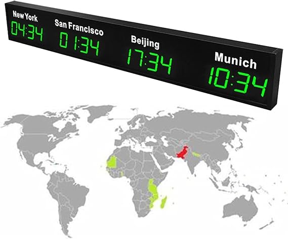 Large Digital LED World Clock, 3/4/5 Time Zone Wall Mounted City Time Zone World Clock, Hotel, Multinational Corporation,Green-4City