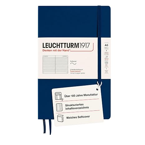 LEUCHTTURM1917 - Notebook Softcover Medium A5-123 Numbered Pages for Writing and Journaling (Ruled, Navy)