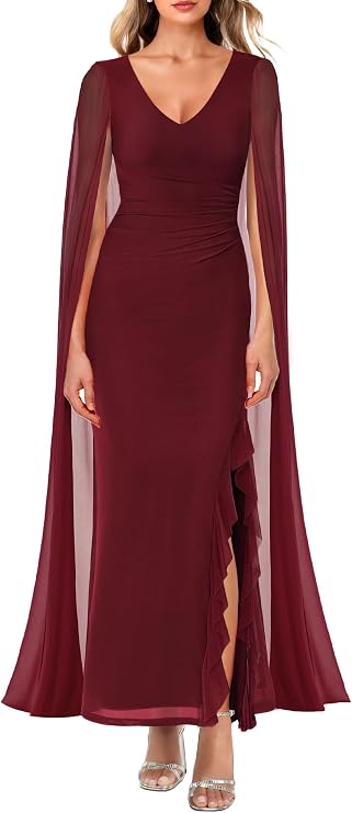 Lrady Women's Evening Gowns V Neck High Split Wedding Guest Cocktail Formal Party Maxi Dresses with Cape Sleeve