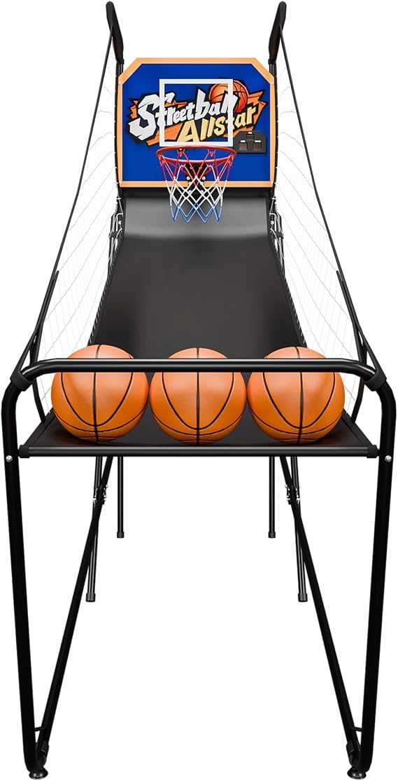 Basketball Arcade Shot Creator Indoor Foldable Electronic Shootout Sport Official Home Shot Basketball with 3 Balls, Blue Yellow