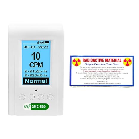 Bundle of 1 GQ GMC-500 Geiger Counter Nuclear Radiation Detector Beta Gamma X-ray Radiation Monitor Meter Dosimeter USA Product and United Nuclear Geiger Counter Test Card