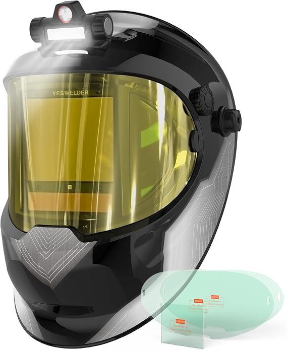 YESWELDER 180 Panoramic Welding Helmet with Smart Auto-Shade | wide 3/5-9/9-15 shade range, with LED light, 3.94 x 3.27 in true-color main view, fixed DIN 5 side view windows