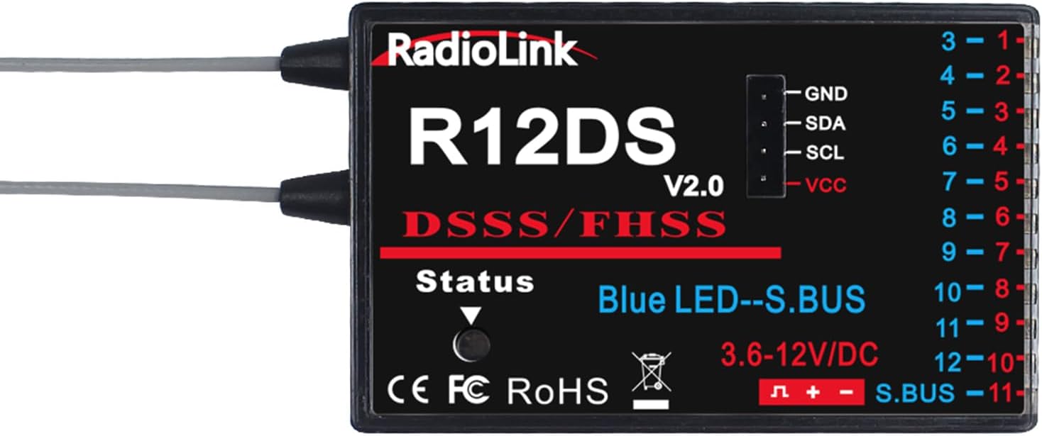Radiolink R12DS Receiver 2.4GHz RC 12 Channel SBUS/PWM Receiver, 4000M Long Distance Control for RC Airplane/Car/Multirotor, Compatible with Radiolink AT9/AT9S/AT9S Pro/AT10II/AT10 Transmitter