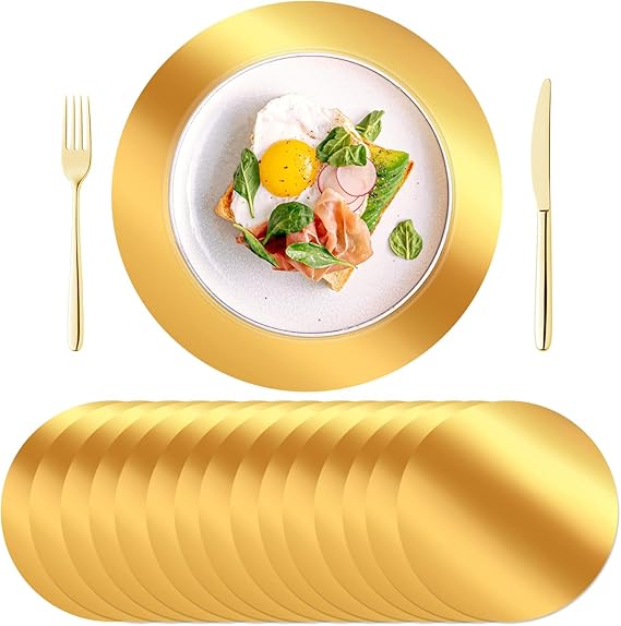 KesaPlan 50PCS 13in Round Gold Placemats, Disposable Paper Chargers Plate