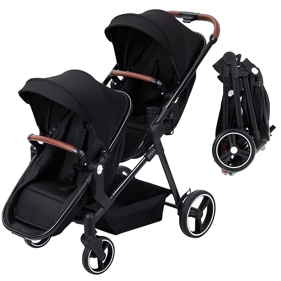 Double Stroller for Infant and Toddler, Reversible Tandem Stroller with One-Hand Fold, 5-Point Harness, Adjustable Canopy, Multi-Modes for Twins/Second Child, Lightweight 2 Seat Stroller