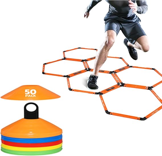 GHB Hex Agility Rings 1 Pack and 50 Pack Disc Cones 12 Rung 20ft with 3 Carrying Bag
