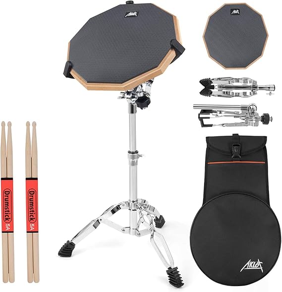 Drum Practice Pad, 12 Inch Silicone Double Sided Silent Practice Pad Kit Set Mat, Drums Dampeners Gel, Adjustable Height 23-31 inches for Adult Kids with Snare Drum Stand, Drumsticks and Carrying Bag