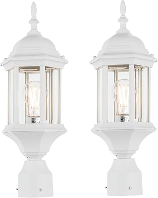 LIT-PaTH Outdoor Post Lighting Fixture Pole Lantern, E26 Medium Base Max 60W, Aluminum Housing Plus Glass, 2-Pack, White Finish