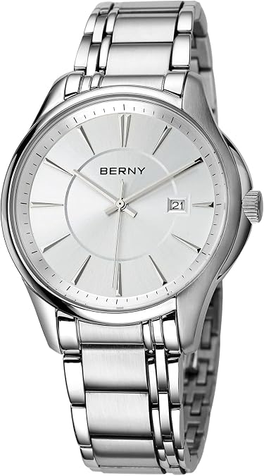 BERNY Quartz Watch for Men Classic Wristwatch Japanese Movement Calendar Stainless Steel Band Luxury 3ATM Waterproof