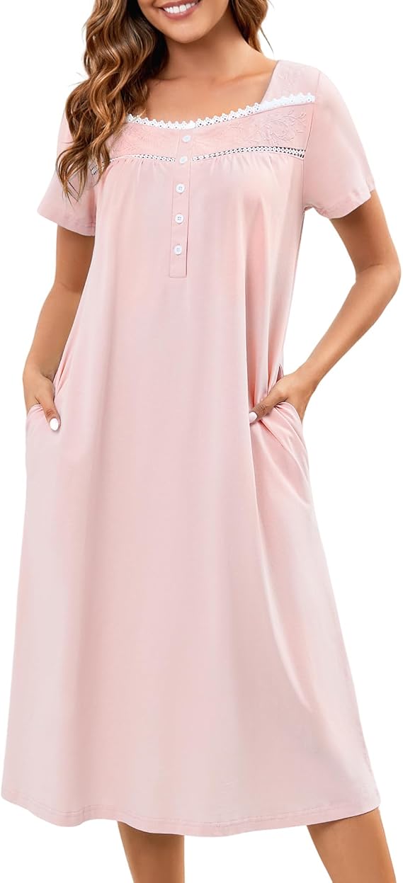 Bloggerlove 100% Cotton Nightgowns for Women Embroidery Button Short Sleeve House Dress Long Moomoo Nightgown with Pockets