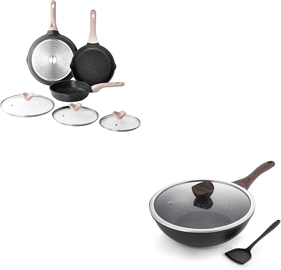 Nonstick Wok with Lid, 12 Inch Woks & Stir-fry Pans, Granite Stone Coating for Cooking, Induction Cookware, Compatible with All Stovetops, PFOA Free