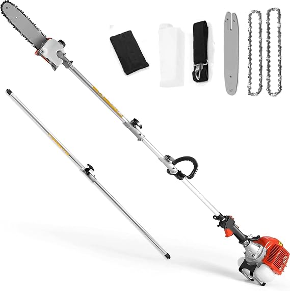 58CC Pole Saw Gas Powered, 2 Cycle Gas Powered with 11.5 Inch Pole and 16 Foot Retractable Long Pole Saw - Gas Pole Saws for Tree Trimming (Red)