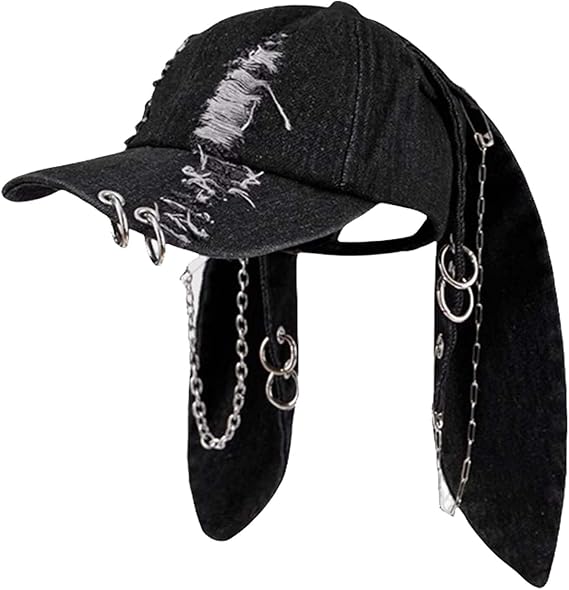 with Ears Y2k Grunge Metal Iron Ring Chain Distressed Denim Baseball Cap Sun Caps Hiphop Dance Hat