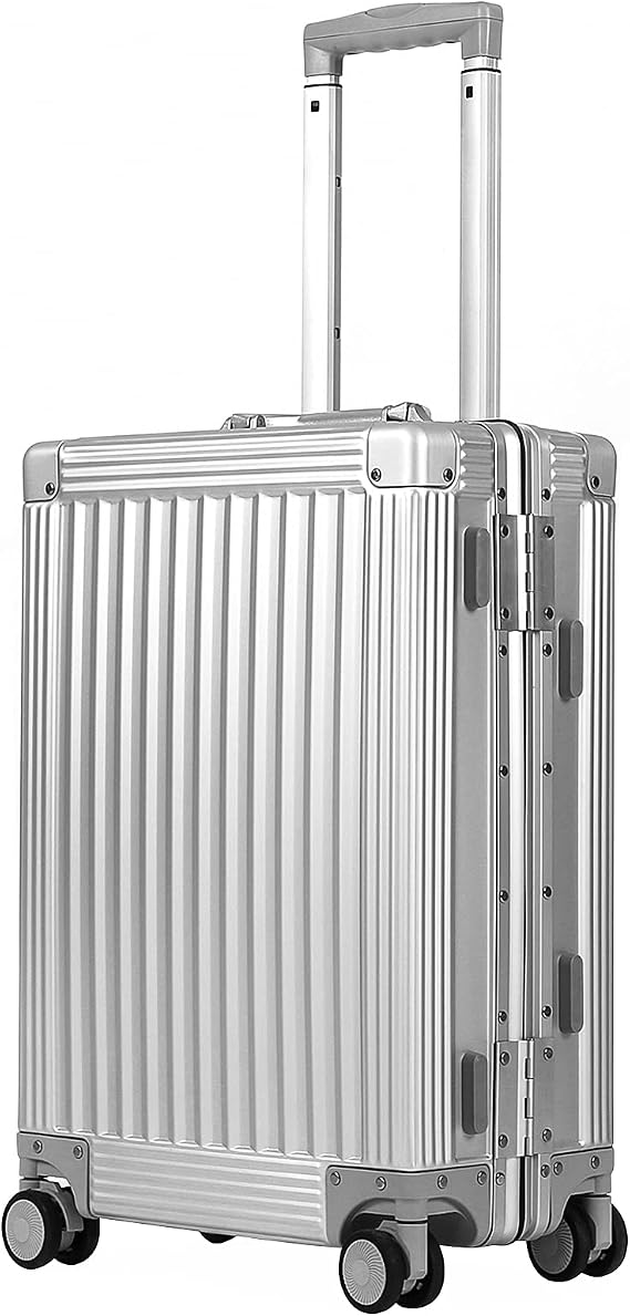 All Aluminum Carry On Luggage Hard Shell Luggage Aluminum Suitcase for Travel Zipperless Luggage Checked Luggage with Silent 360 Spinner Wheels 26 In. (Vertical Grain Style, Sliver)