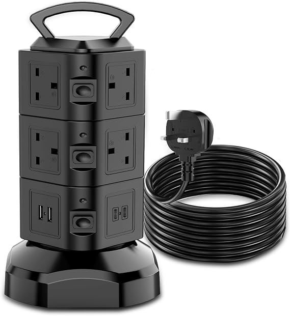 10 Way Tower Extension Lead 2M with 4 USB Slots (2 USB C) Multi Plug Socket | 13A 3000W Surge Protected Extension Sockets with 3 Independent Switches, Power Strip for Home, Office, Kitchen