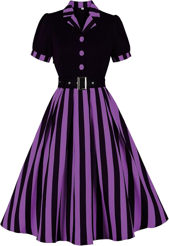 ODIZLI Women's 1950s Retro Dress Short Sleeve Notched Lapel Polka Dot Stripe Swing Dress with Belt Cocktail Dress