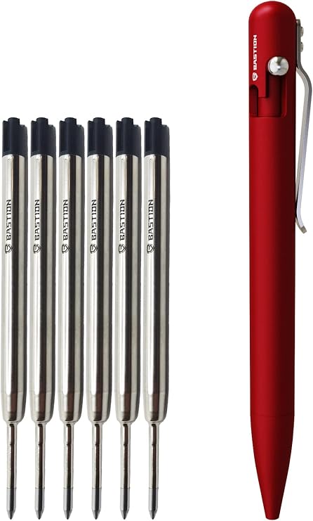 BASTION Aluminum Pen Plus 6 Gel Black Ink Refill | Luxury Bolt Action Pen Metal Body Fine Point (0.5mm) For Women & Men Ballpoint Pen Combo Gift Set (Red)