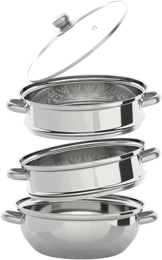 Stainless Steel Steamer Pot, Food Steamer 11 inch Steam Pots with Lid 3-tier for Cooking Vegetables, Seafood, Soups, Stews and Pasta(Silver)