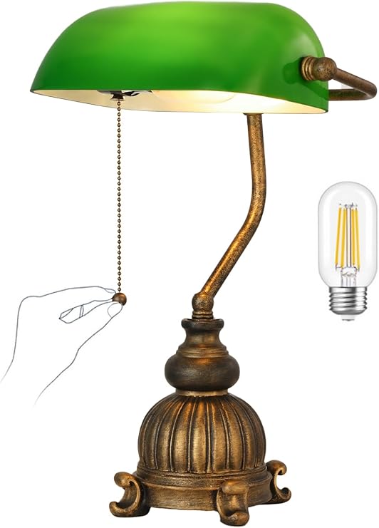 Retro Green Glass Bankers Desk Lamp for Home Office,Library with Pull Chain Switch Plug in Fixture, LED Bulb Included