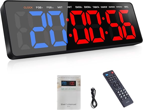 16.5" Gym Timer Clock, Interval Fitness Timer With Stopwatch | Countdown/Up, Remote Control, Large LED Digital Wall Clock for Workout, Home Gym, TABATA, EMOM, HIIT