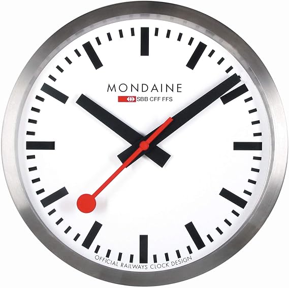 Mondaine Stop2go MSM.25S10 25cm - Official Swiss Railways Smart Wall Clock Brushed Aluminium Casing Red Second Hand Dust Resistant