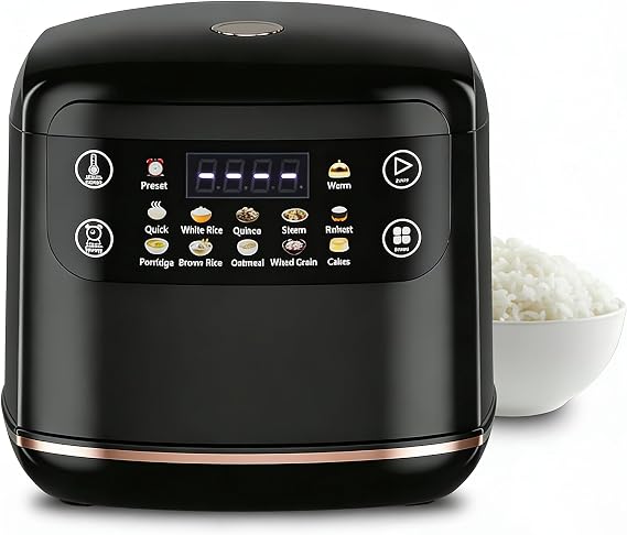 Portable Digital Rice Cooker, 6-Cup (Uncooked)/12-Cup (Cooked) Small Rice Maker with Steaming Basket, Mini Rice Cooker with 2L Removable Nonstick Inner Pot, 10 Menu Options, Auto Keep Warm, 24 Hour Delay Timer (Black)