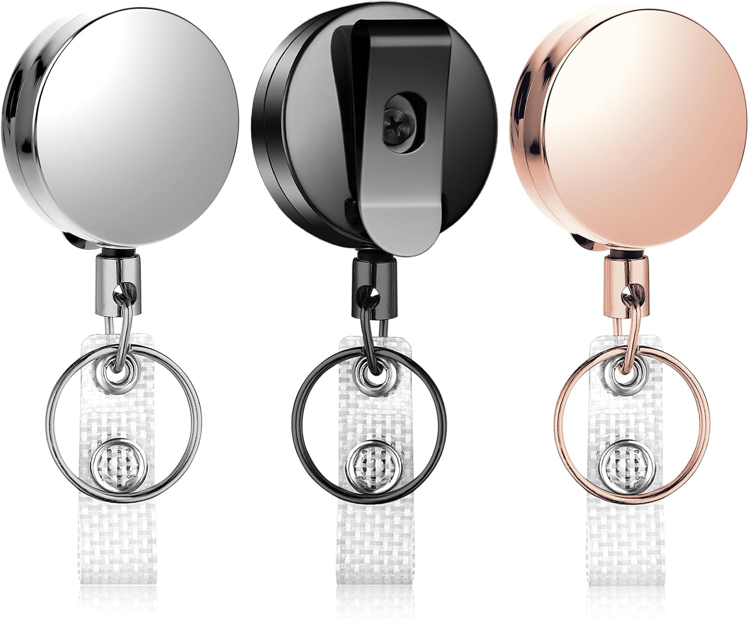 3 Pcs Heavy Duty Badge Reels Retractable Badge Holder, Metal ID Badge Holder with Belt Clip Key Ring, Metal ID Nurse Badge Reel, Badge Reels Retractable for Key Name Card Holder