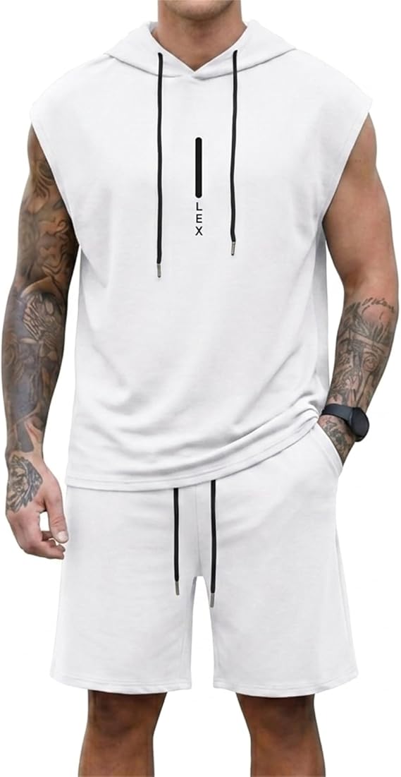 Lexiart Mens Short Sets Sleeveless Workout Hooded 2 Pieces Outfits