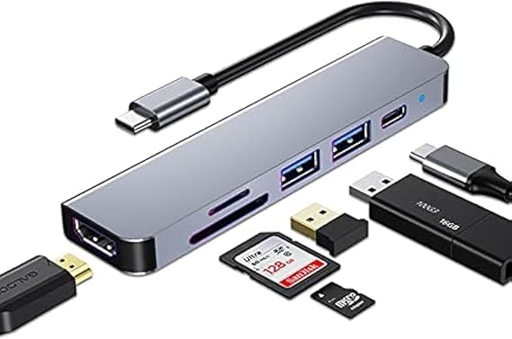 USB C HUB, USB C Adapter for Macbook Pro &amp; Air Accessories, Multiport USB C HUB 6 in 1 with 4K HDMI, USB 3.0, SD/TF Card Reader, 100W PD, Compatible with Laptop and Other Type-C Devices