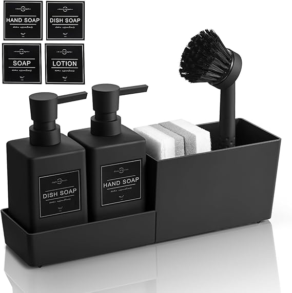 4 in 1 Plastic Washing Up Liquid Dispenser Black Kitchen Soap Dispenser Set | AJEUNGAIN Hand and Dish Soap Dispenser Set with Brush &amp; Sponge Holder - Compact Sink Caddy Organizer for Kitchen and Bathroom