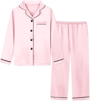 Schbbbta Girls & Womens Satin Pajamas Set, Silk Long Sleeve Nightwear Button-Down Sleepwear, 3 Years - Women XXL