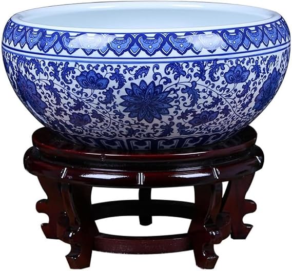 Blue and White Porcelain Flowerpot with Base Porcelin Planter Chinoiserie Decorative Flower Plant Pot Decor Hydroponic Round Ceramic Flowers Potr-32 * 14(32 14cm) (one Color 24 * 13cm)