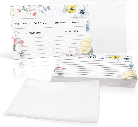 100 Pcs Blank Recipe Cards with Plastic Sleeves Protector, 4x6 Double-Sided Recipe Cards and Recipe Card Cover Recipe Page Protector, Personalized Recipe Cards Set for Kitchen (Color Floral)