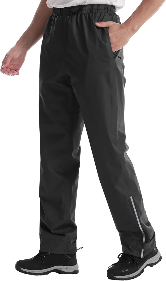 iCreek Men's Rain Pants Waterproof Lightweight Over Pants | Mesh Lining, Zipper Pockets, Pants Leg Zipper, Reflective Strip, Hook & Loop, for Hiking, Fishing, Golf, Work, Daily Wear