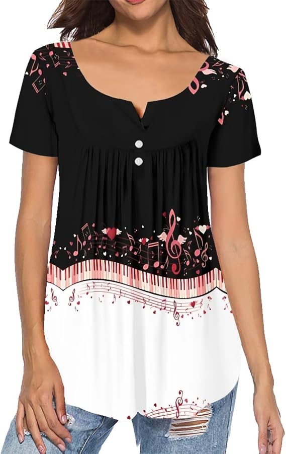 Rose Tunic Tops for Women Blue Rose Short Sleeve Flare T-Shirts Rose Flowers V-Neck Button Up Pleated Top