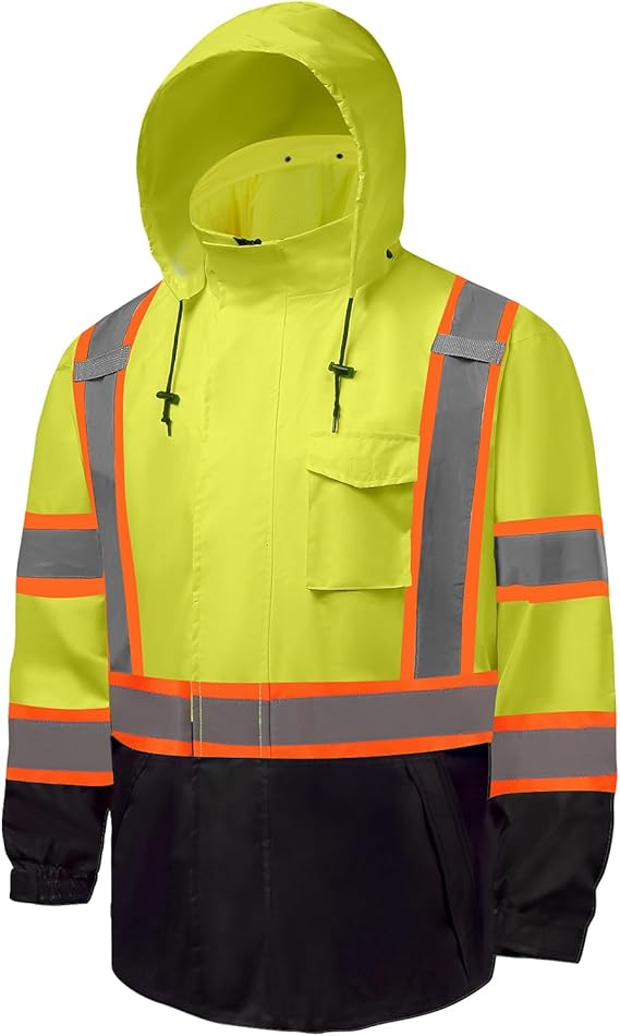 Hi Vis Rain Jackets for Men Reflective Waterproof High Visibility Class 3 Safety Rain Coat with Black Bottom
