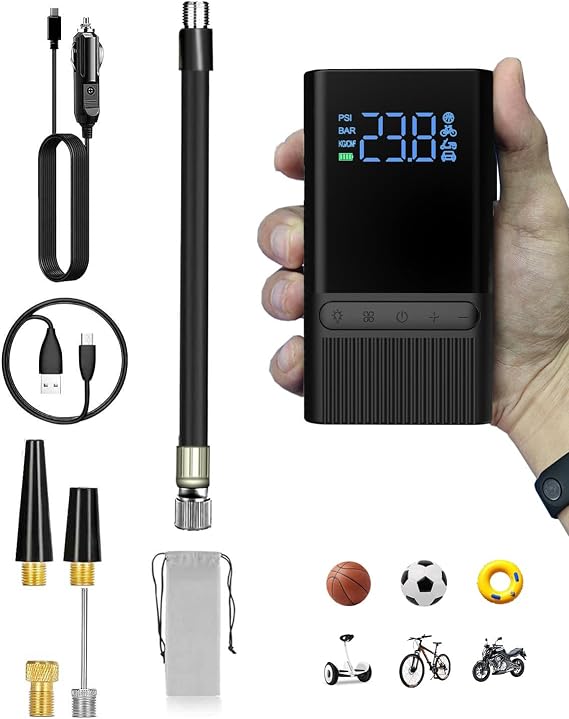 Tire Inflator Electric Bike Pump - 150PSI Portable Air Pump with Pressure Gauge, 6000mAh Electric Ball Pump with Schrader/Dunlop/Presta Valve for Road, Mountain Bicycles, E-Bike, Motorcycle, Balls
