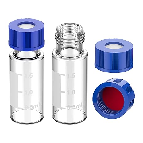 Membrane Solutions 2mL Autosampler Vials, 9-425 GC/HPLC Vials, 1000 Pcs | 2 mL Clear HPLC Vials, Write-on Spot and Graduations, 9mm Blue ABS Screw Caps & Septa (Red PTFE/White Silicone Liner)