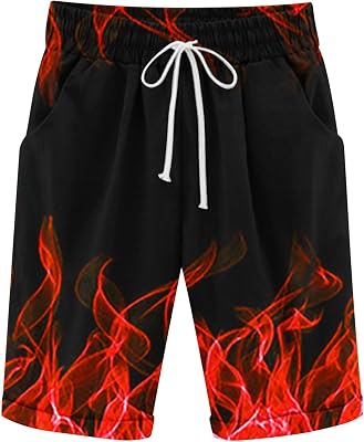 Mens Casual Beach Shorts 2025 Flame Print Shorts Drawstring Elastic Waist Swim Trunks Quick Dry Surfing Short Pants