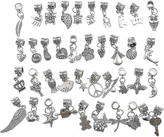 Alloy Dangle Spacer Beads Bails Connector with Multistyle Pendant Charm Dangler for DIY Bracelet Necklace Jewelry Making Accessaries(40pcs,Tibetan Silver Tone)