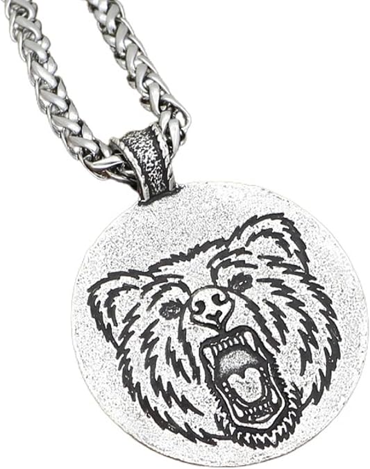 Viking Bear Paw Necklace for Men, Hip Hop Bear Head Necklace Norse Roaring Bear Pendant Necklace for mens (Silver)