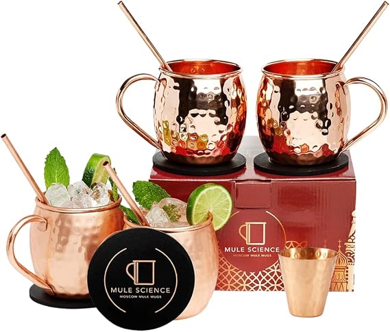 Copper Moscow Mule Mugs Set of 4 with Straws, Jigger & Coasters | Hammered Copper Cocktail Cups with Food-Safe Lacquer Coating (Interior & Exterior) | Lab Tested, Gift Set