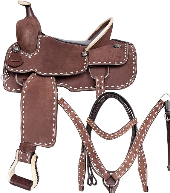 Rough Out Western Saddle Leather Trail Tack Brown | Western Saddle | Saddle for Horses | Horse Tack Set