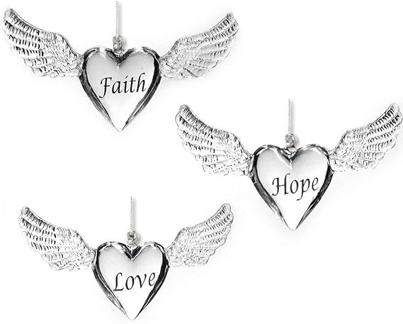 Faith Hope Love Angel Wings Ornaments Set of 3 Heart Shaped Inspirational Hanging Decor Christmas Tree Ornaments or Year-Round Memorial & Spiritual Home Decor 4 Inch Keepsake Gifts