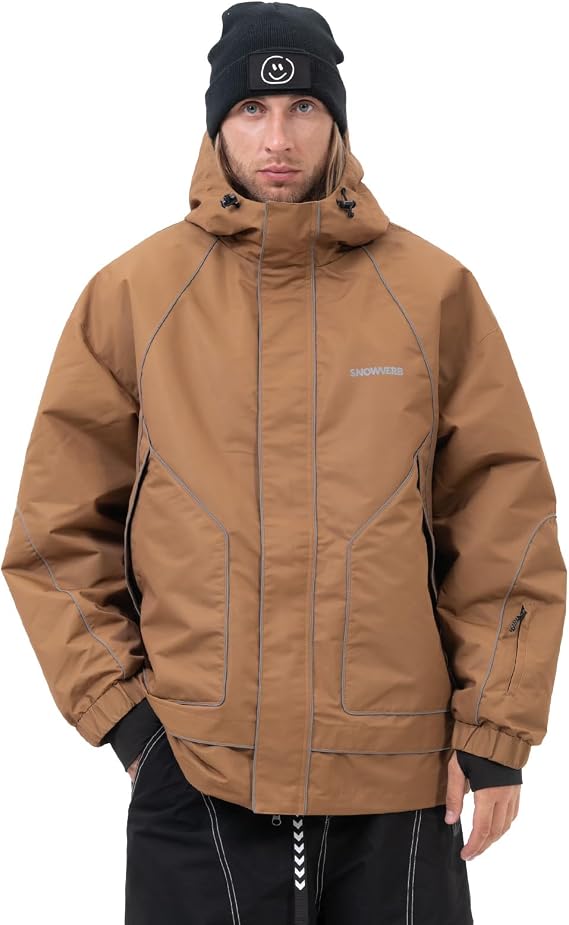 SNOWVERB Mens Reflective Snowboard Jacket Waterproof Insulated Ski Jacket Hooded Winter Night Snow Coat