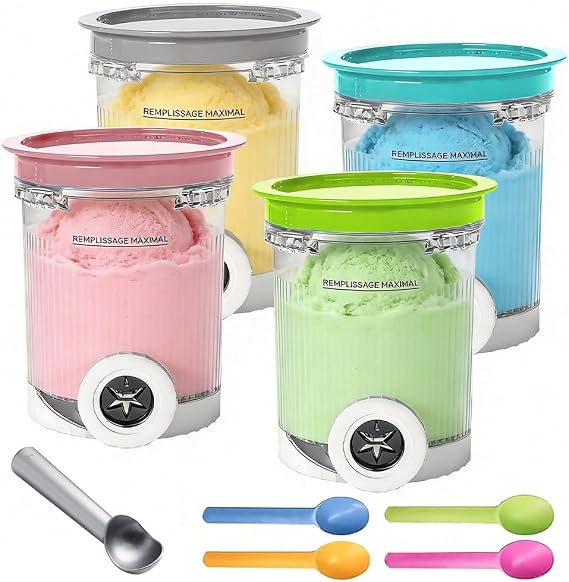 4 Pack Creami Tubs for Ninja CREAMi NC701 NC700, Afenau Ice Cream Pints and Lids, BPA-Free & Dishwasher Safe Pint and Lid Replacement, Ninja Swirl by Creami Soft Serve Includes 5 Spoons