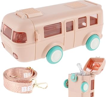 Bus Straw Water Bottle With Strap, 17oz Portable Cute Car Water Bottles with Movable Wheels, Leakproof BPA free Drinking Jug for Camping Trips Girls School Sports (Pink)
