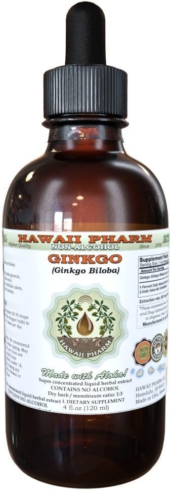 Hawaii Pharm Ginkgo Alcohol-Free Liquid Extract, Ginkgo (Ginkgo Biloba) Dried Leaf Glycerite Natural Herbal Supplement 2 oz